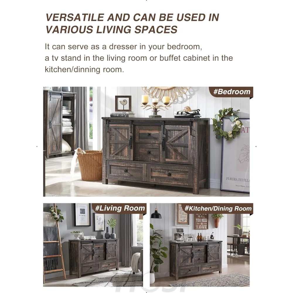 Rustic Farmhouse Dresser with Barn Doors, 4 Drawers, Dark Oak