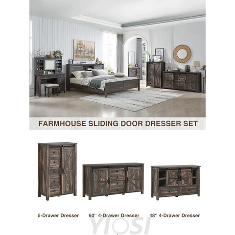 Rustic Farmhouse Dresser with Barn Doors, 4 Drawers, Dark Oak
