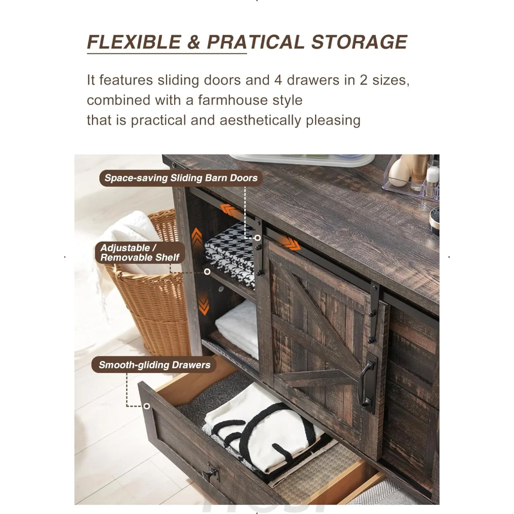 Rustic Farmhouse Dresser with Barn Doors, 4 Drawers, Dark Oak