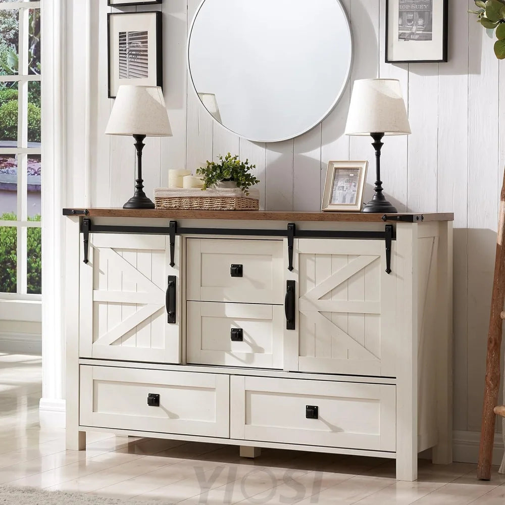 Rustic Farmhouse Dresser with Barn Doors 4 Drawers Antique White