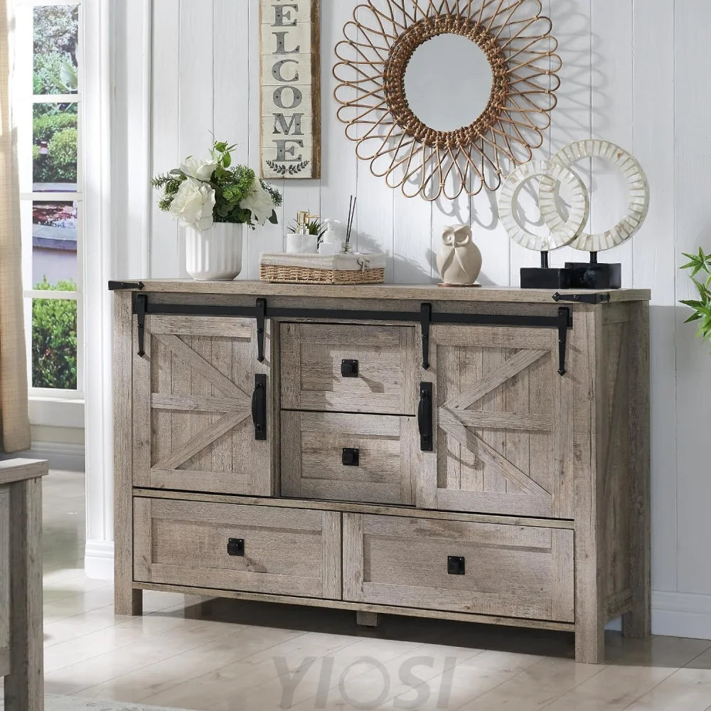 Rustic Farmhouse Dresser with Barn Doors 4 Drawers Light Rustic Oak