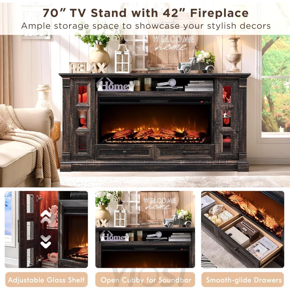 Rustic Farmhouse Fireplace TV Stand - Fits Up to 80 Inch TV