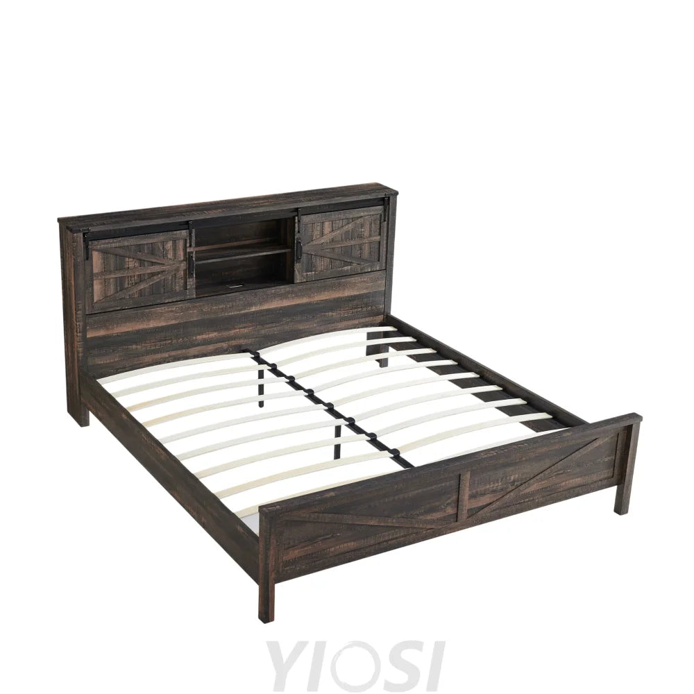 Rustic Farmhouse King Bed Frame with Bookcase Headboard and Charging Station