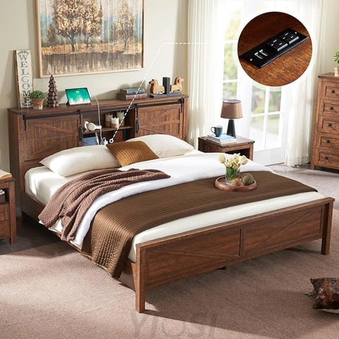 Rustic Farmhouse King Bed Frame with Bookcase Headboard and Charging Station