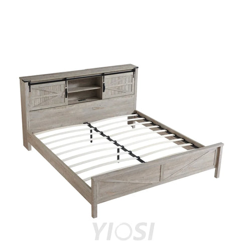 Rustic Farmhouse King Bed Frame with Bookcase Headboard and Charging Station