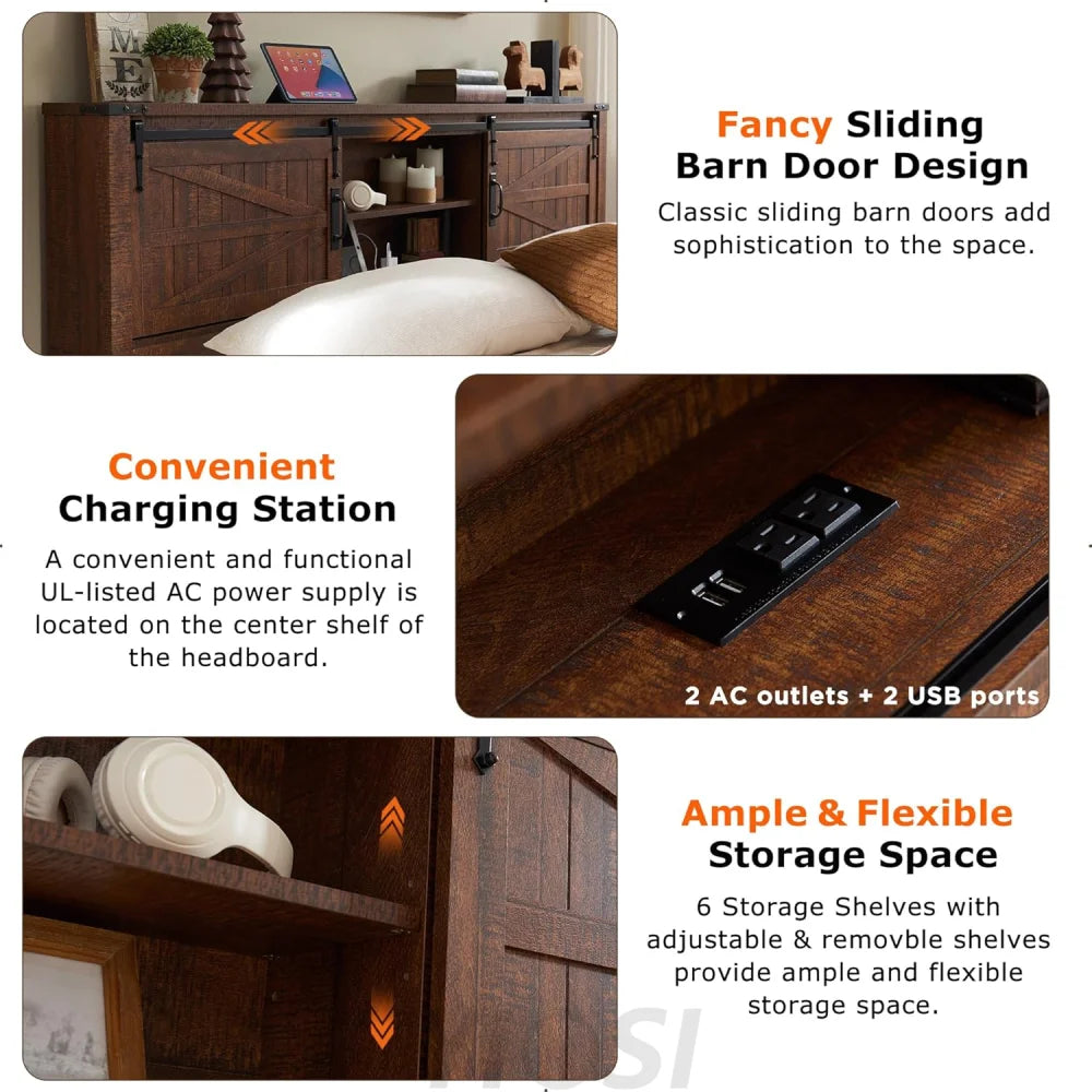 Rustic Farmhouse King Bed Frame with Bookcase Headboard and Charging Station