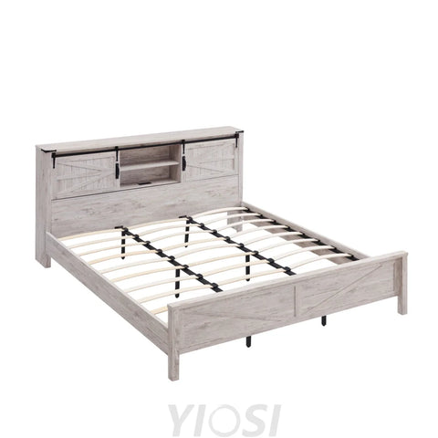 Rustic Farmhouse King Bed Frame with Bookcase Headboard and Charging Station