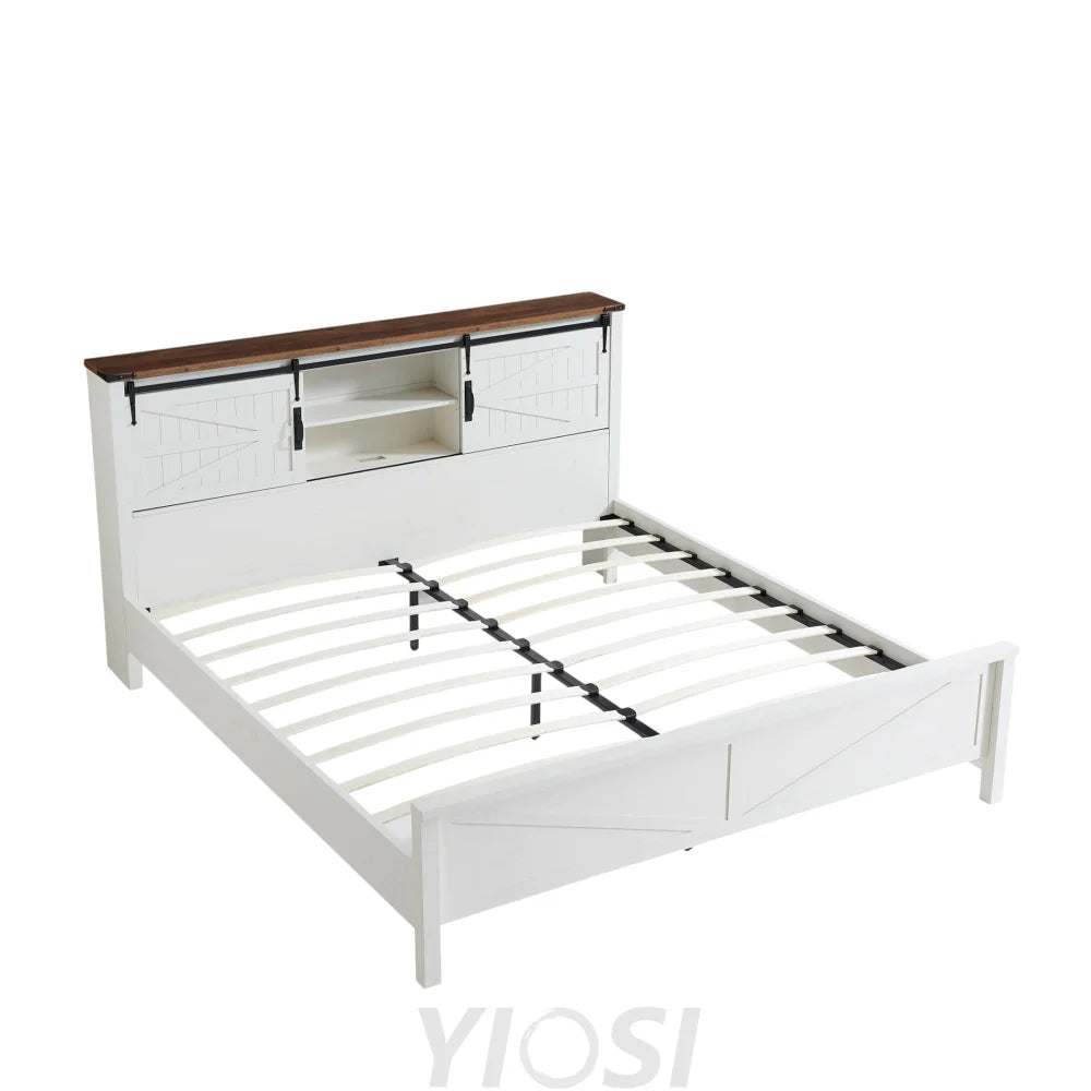 Rustic Farmhouse King Bed Frame with Bookcase Headboard and Charging Station