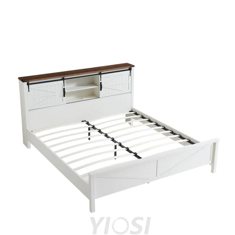 Rustic Farmhouse King Bed Frame with Bookcase Headboard and Charging Station