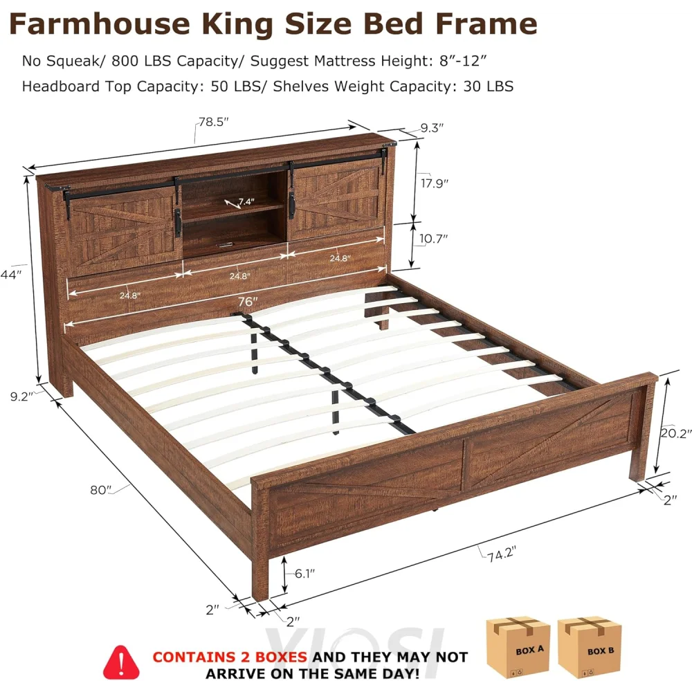 Rustic Farmhouse King Bed Frame with Bookcase Headboard and Charging Station