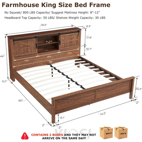 Rustic Farmhouse King Bed Frame with Bookcase Headboard and Charging Station