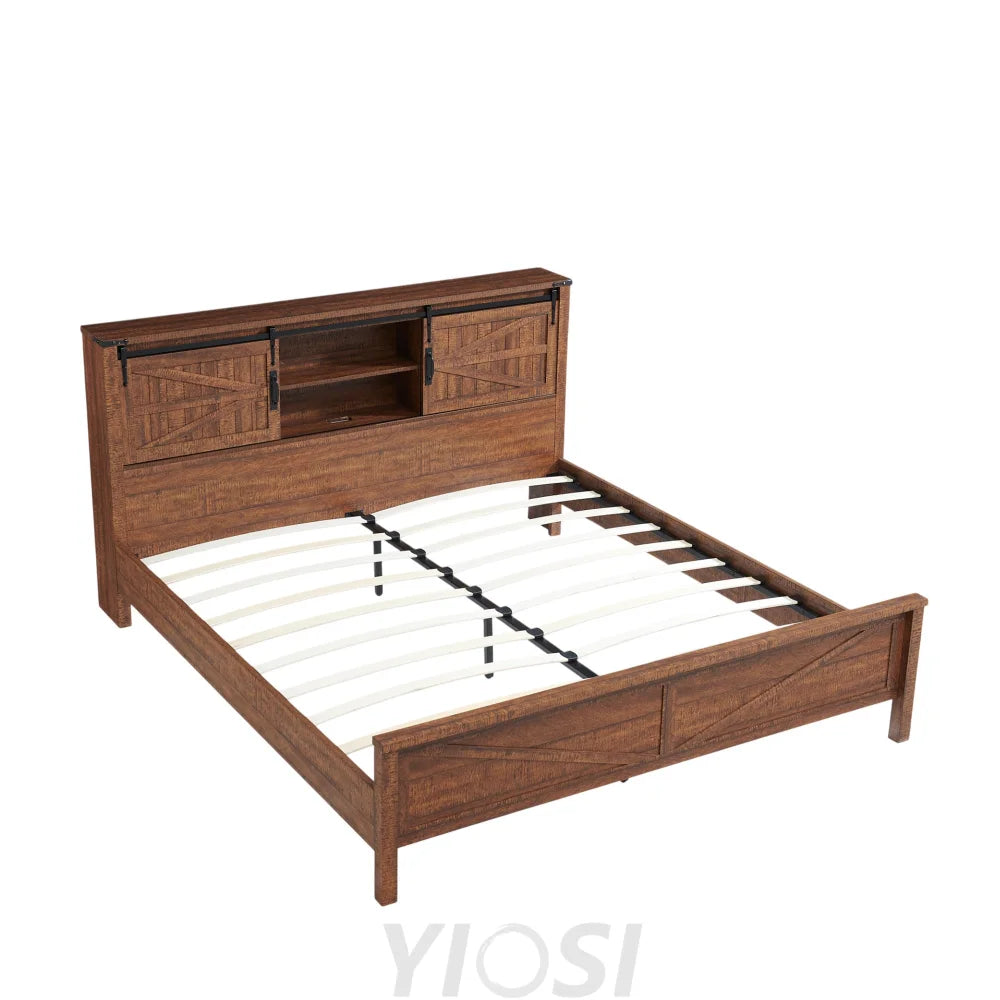 Rustic Farmhouse King Bed Frame with Bookcase Headboard and Charging Station