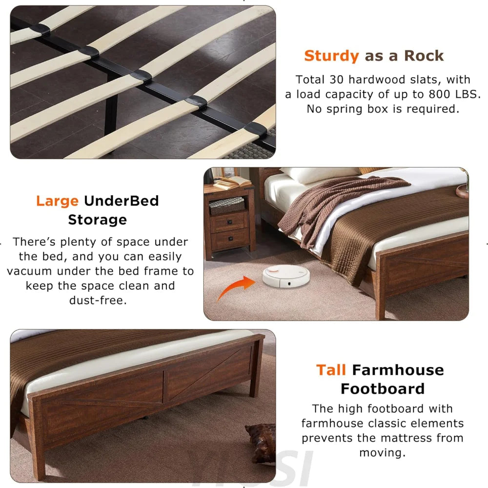Rustic Farmhouse King Bed Frame with Bookcase Headboard and Charging Station