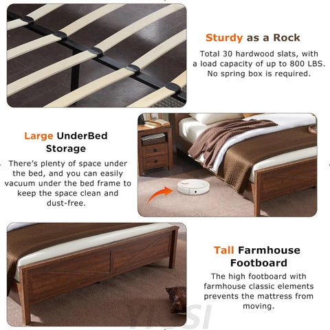 Rustic Farmhouse King Bed Frame with Bookcase Headboard and Charging Station