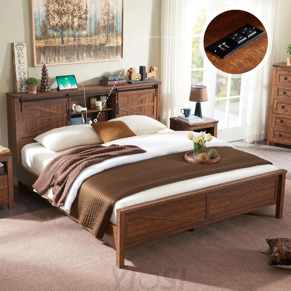 Rustic Farmhouse King Bed Frame with Bookcase Headboard and Charging Station