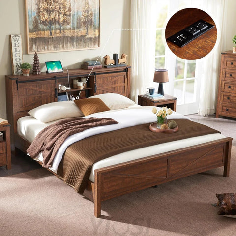 Rustic Farmhouse King Bed Frame with Bookcase Headboard and Charging Station