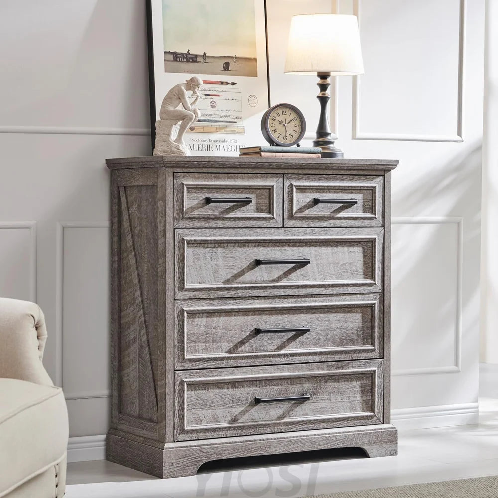 Rustic Grey Farmhouse 5-Drawer Dresser | Bedroom Storage Organizer