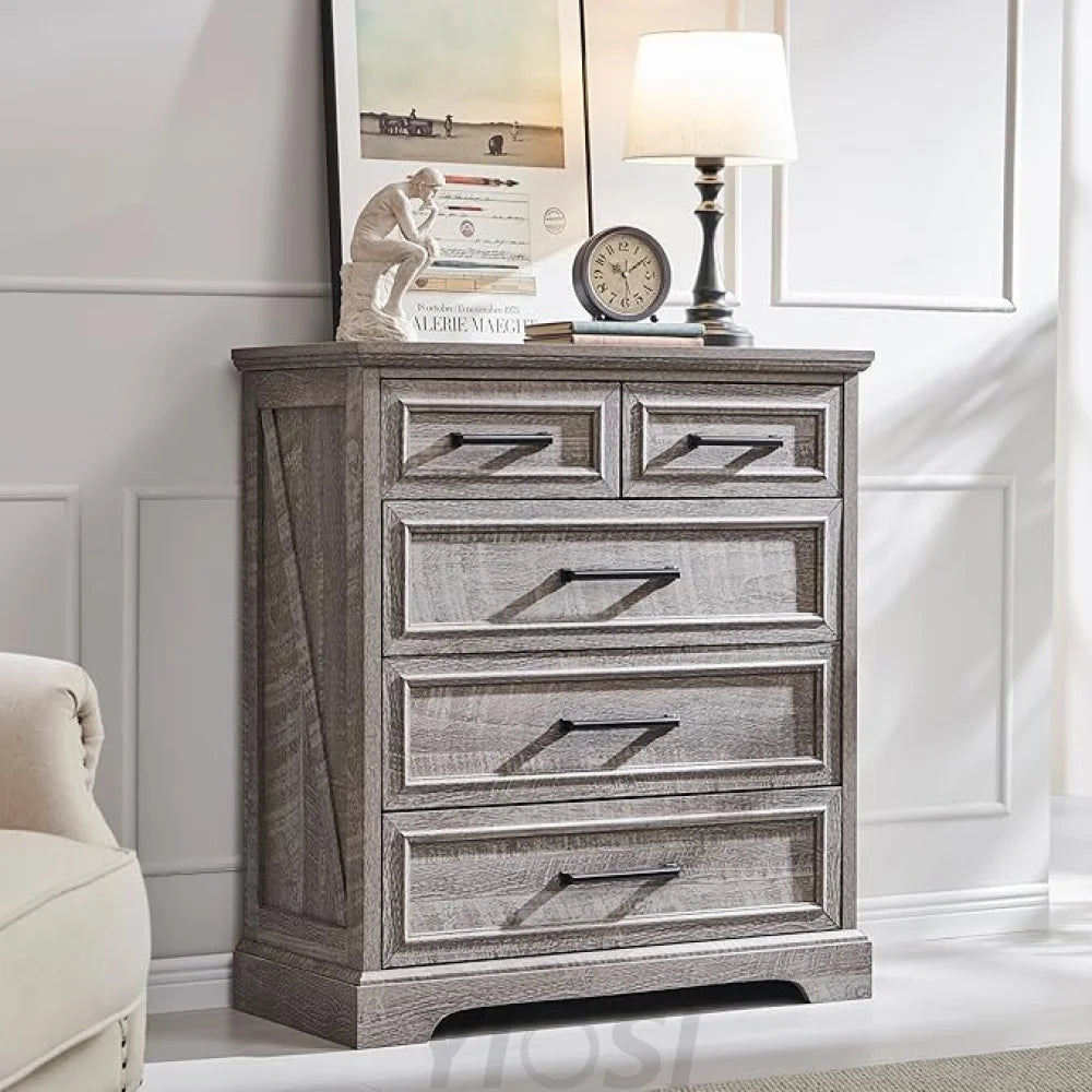 Rustic Grey Farmhouse 5-Drawer Dresser | Bedroom Storage Organizer