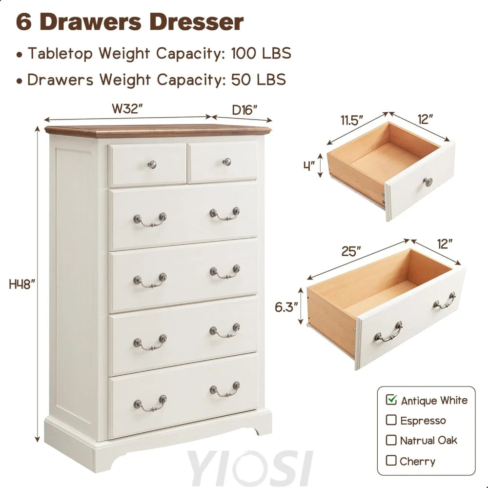 Rustic Tall 6-Drawer Dresser Chest for Bedroom