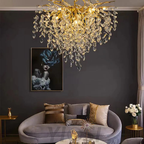 Salome Modern Oval Gold Clear Crystal Branch Chandelier For Living Room