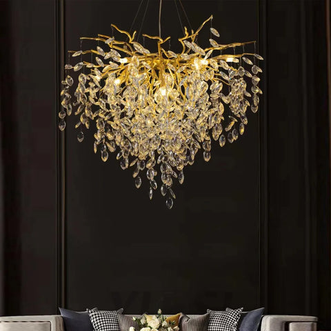 Salome Modern Oval Gold Clear Crystal Branch Chandelier For Living Room