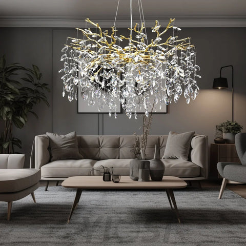 Salome Modern Oval Gold Clear Crystal Branch Chandelier For Living Room