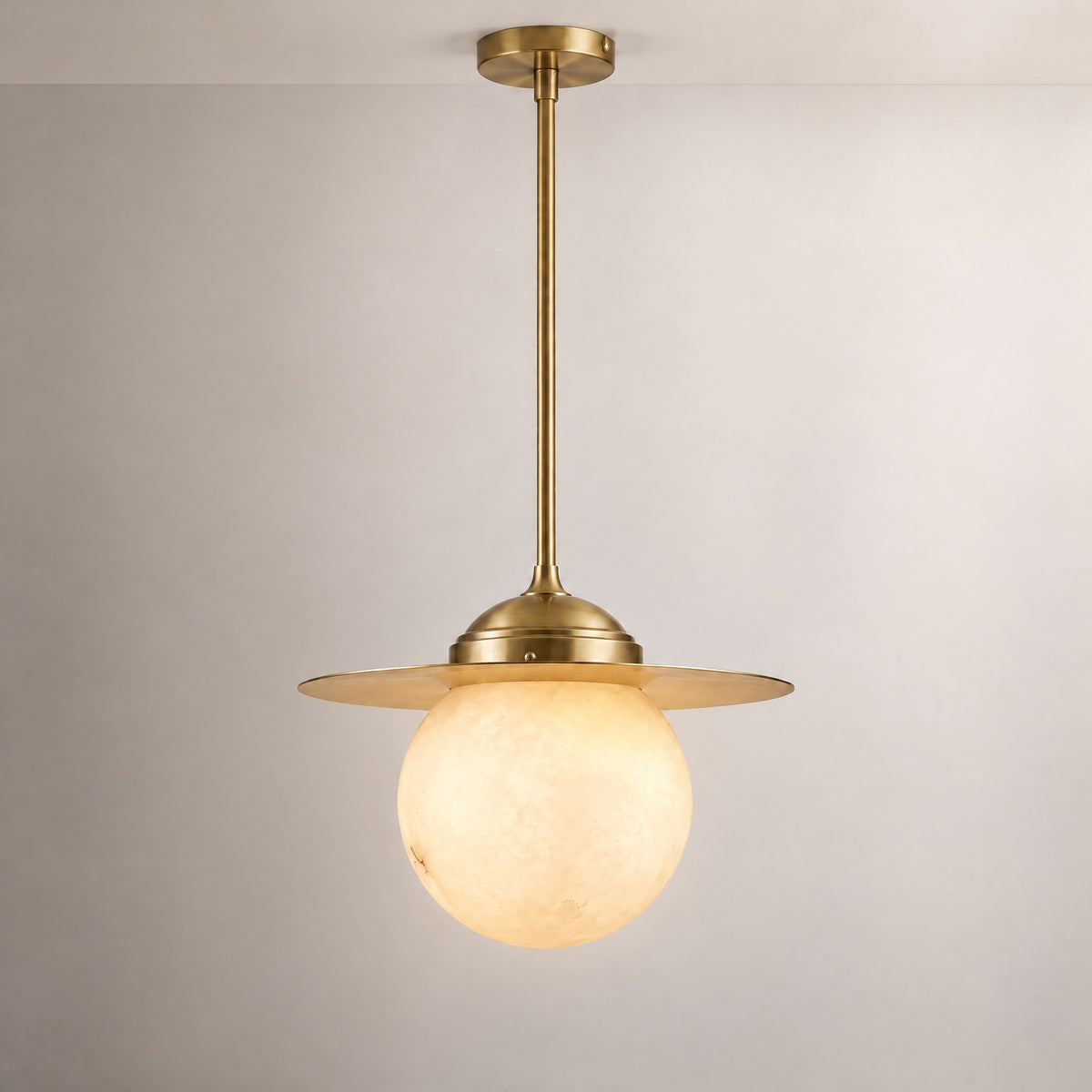 Saturn Pendant Classic Alabaster – lights on