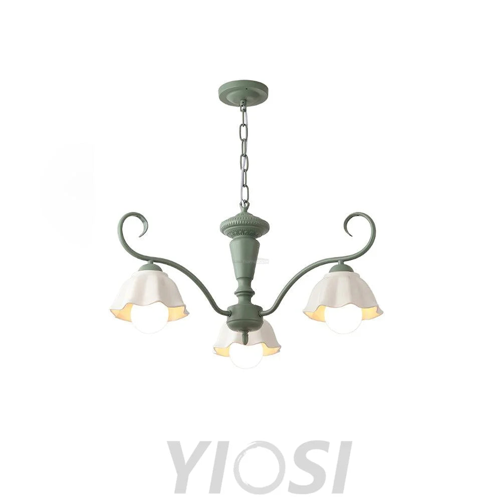 Savoy Flower Chandelier with 3/6/8 heads - Flower Ceramic, Green & White-1-Yiosilamp