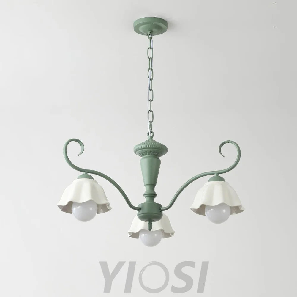 Savoy Flower Chandelier with 3/6/8 heads - Flower Ceramic, Green & White-1-Yiosilamp