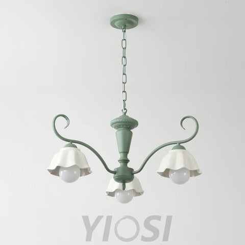 Savoy Flower Chandelier with 3/6/8 heads - Flower Ceramic, Green & White-1-Yiosilamp