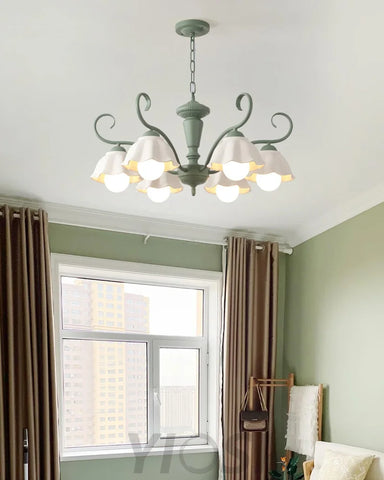 Savoy Flower Chandelier with 3/6/8 heads - Flower Ceramic, Green & White-1-Yiosilamp