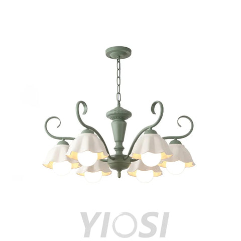 Savoy Flower Chandelier with 3/6/8 heads - Flower Ceramic, Green & White-1-Yiosilamp