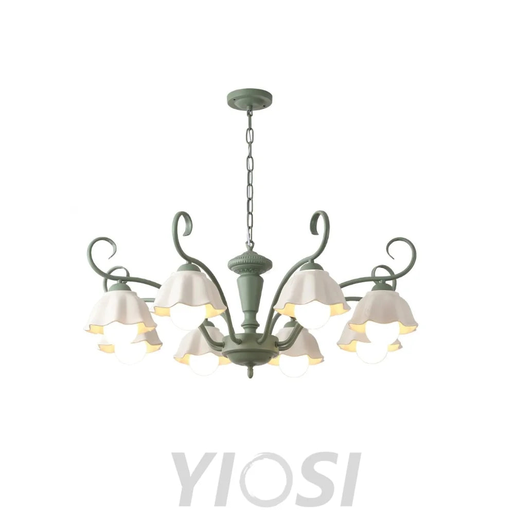 Savoy Flower Chandelier with 3/6/8 heads - Flower Ceramic, Green & White-1-Yiosilamp