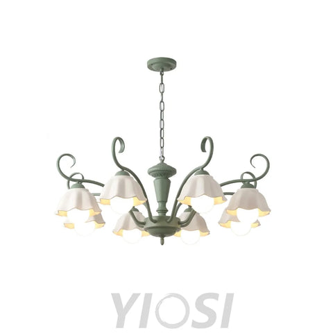 Savoy Flower Chandelier with 3/6/8 heads - Flower Ceramic, Green & White-1-Yiosilamp