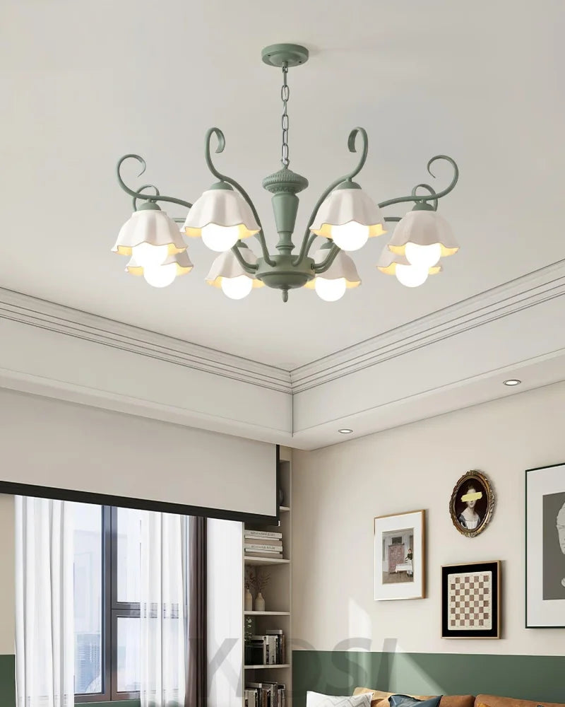 Savoy Flower Chandelier with 3/6/8 heads - Flower Ceramic, Green & White-1-Yiosilamp