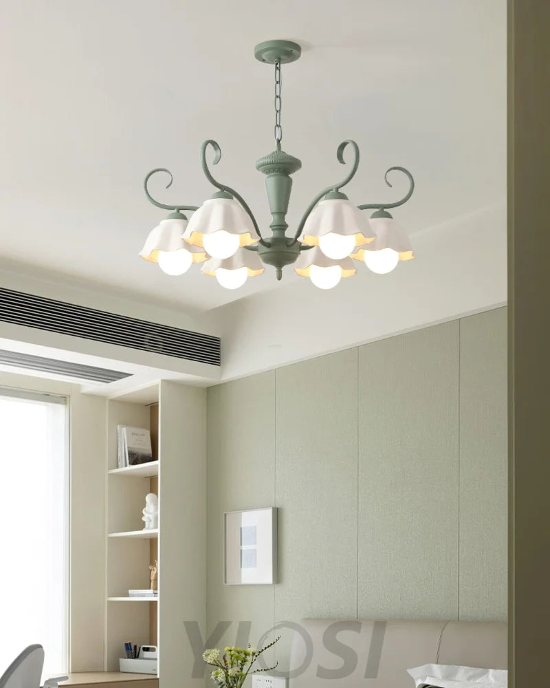 Savoy Flower Chandelier with 3/6/8 heads - Flower Ceramic, Green & White-1-Yiosilamp