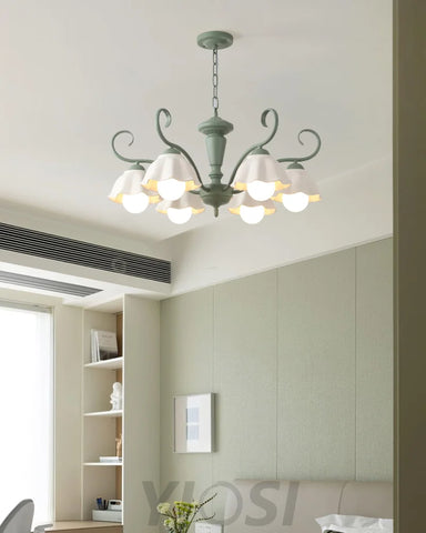 Savoy Flower Chandelier with 3/6/8 heads - Flower Ceramic, Green & White-1-Yiosilamp