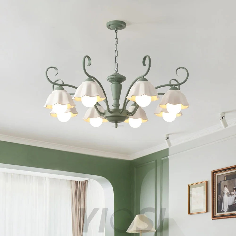 Savoy Flower Chandelier with 3/6/8 heads - Flower Ceramic, Green & White-1-Yiosilamp