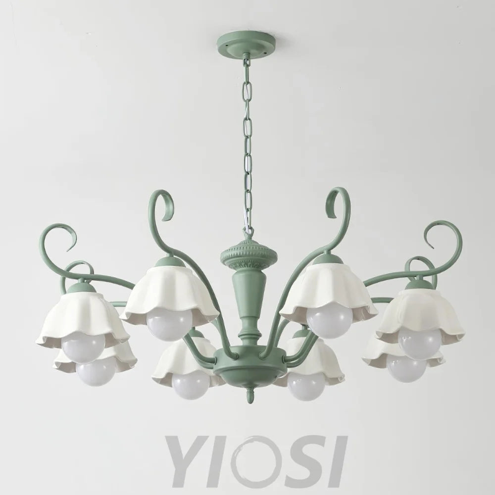 Savoy Flower Chandelier with 3/6/8 heads - Flower Ceramic, Green & White-1-Yiosilamp