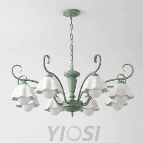Savoy Flower Chandelier with 3/6/8 heads - Flower Ceramic, Green & White-1-Yiosilamp