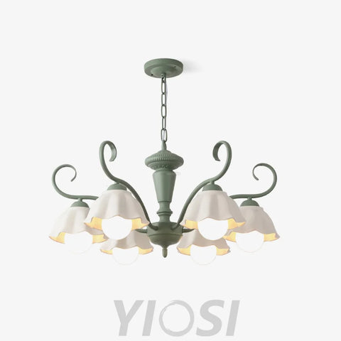 Savoy Flower Chandelier with 3/6/8 heads - Flower Ceramic, Green & White-1-Yiosilamp