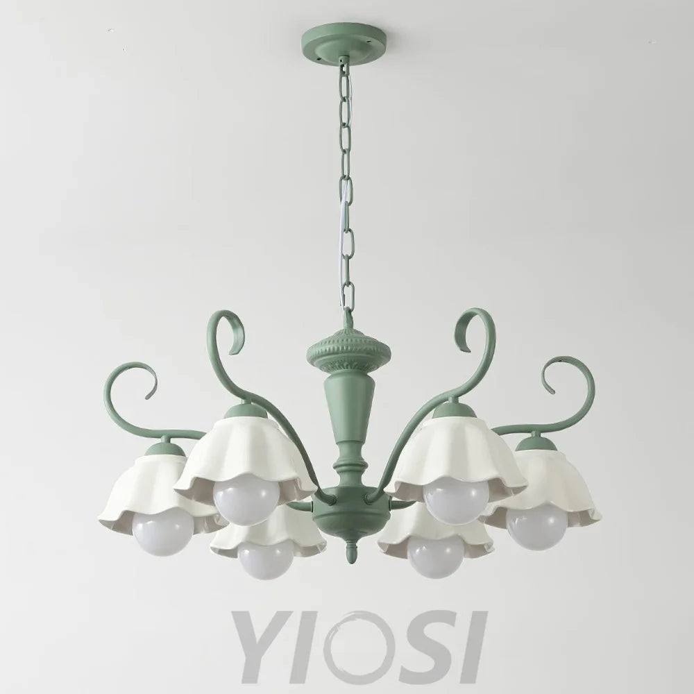 Savoy Flower Chandelier with 3/6/8 heads - Flower Ceramic, Green & White-1-Yiosilamp