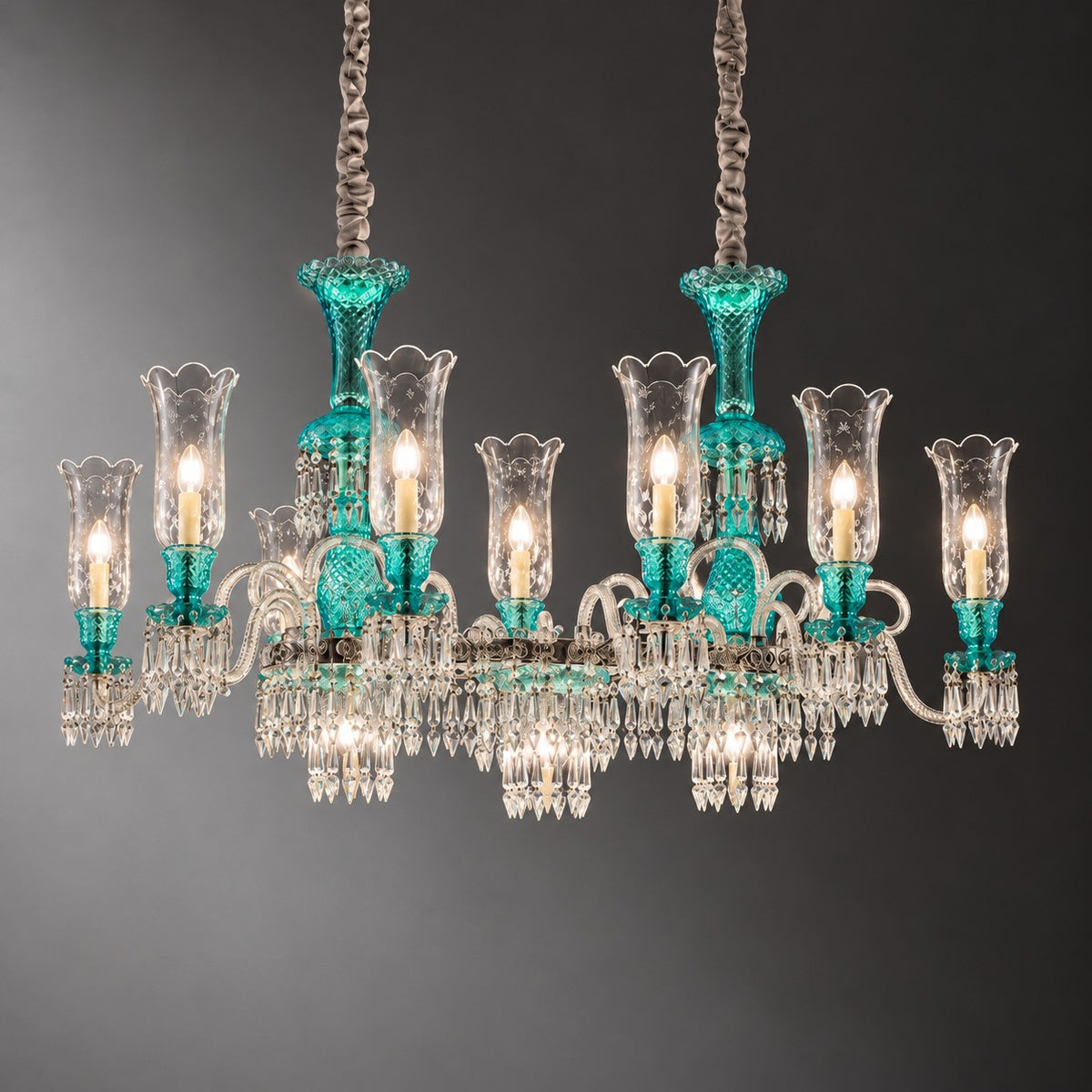 Selvane Teal Glass 13-Light Linear Chandelier 47.2" on a dark olive wall