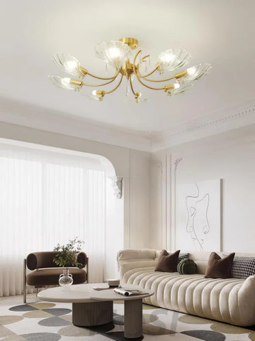 Shell Brass Ceiling Lamp with 3/6/8 heads - Lotus Leaf, Semi Flush Mounts-1-Yiosilamp