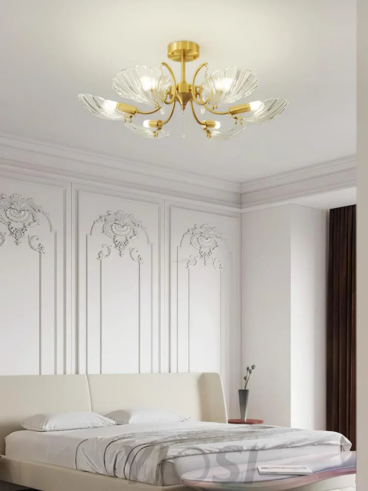 Shell Brass Ceiling Lamp with 3/6/8 heads - Lotus Leaf, Semi Flush Mounts-1-Yiosilamp