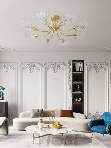 Shell Brass Ceiling Lamp with 3/6/8 heads - Lotus Leaf, Semi Flush Mounts-1-Yiosilamp