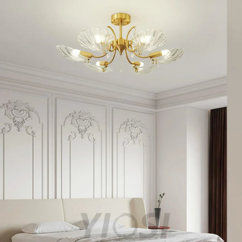 Shell Brass Ceiling Lamp with 3/6/8 heads - Lotus Leaf, Semi Flush Mounts-1-Yiosilamp