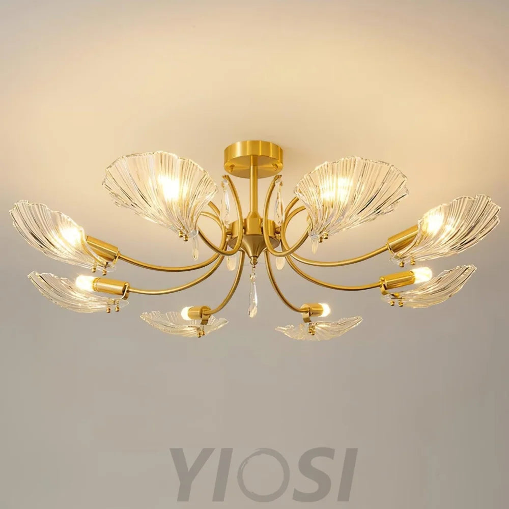 Shell Brass Ceiling Lamp with 3/6/8 heads - Lotus Leaf, Semi Flush Mounts-1-Yiosilamp