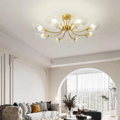 Shell Brass Ceiling Lamp with 3/6/8 heads - Lotus Leaf, Semi Flush Mounts-1-Yiosilamp
