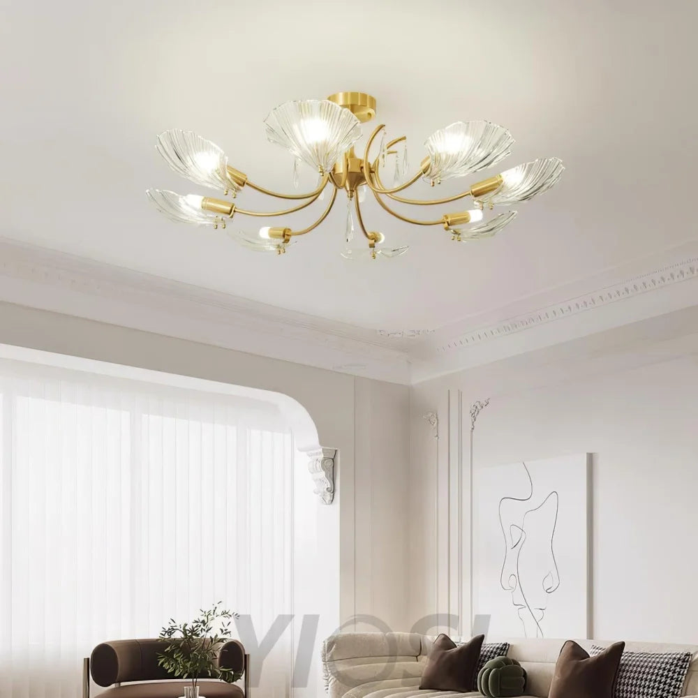 Shell Brass Ceiling Lamp with 3/6/8 heads - Lotus Leaf, Semi Flush Mounts-1-Yiosilamp